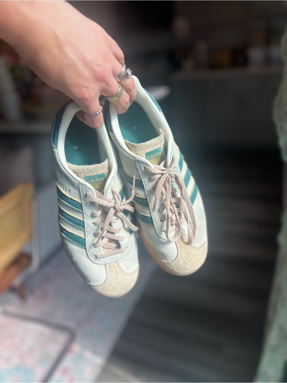 adidas Women's Beige and Teal Gazelle-Style Sneakers